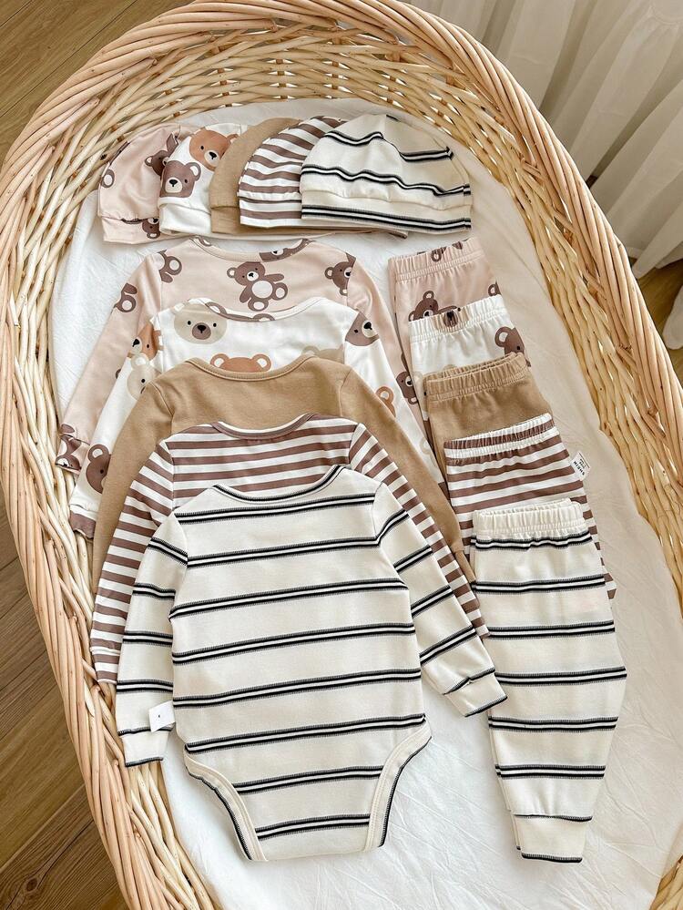 Conjunto de 15 piezas de pijama de pelele y pantalones de bebé recién nacido con estampado de rayas y dibujos animados, de uso versátil y casual - Multicolor - Añade 2