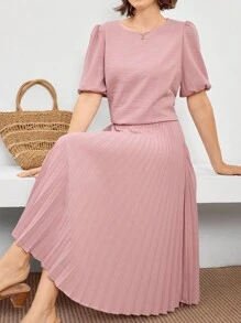 Miaspire 优雅泡泡袖衬衫和褶皱 A 字裙两件套服装 - 粉色 - 查看 2