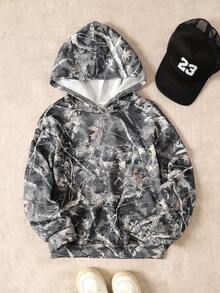 SHEIN بلوزة رياضية كاجوال فضفاضة للمراهقات بطبعة كاموفلاج أشجار وأغصان وطباعة شارع مع كابوشون