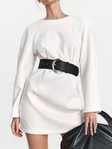 Lumivelle Elegant Casual Loose Long Sleeve Round Neck Mini Dress Fall Cloth For Women - White - View 6