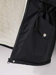 Girls' Detachable Faux Fur Collar Cinched Waist Parka Coat With Large Pockets, Suitable For Casual, Commute, School, Autumn/Winter Fall - Black - View 4