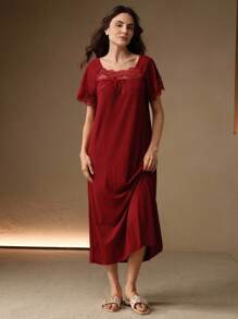 Anewsta Women's Ruffle Lace Loose Nightgown, Simple & Fashionable For Everyday Casual Wear - Burgundy - View 4