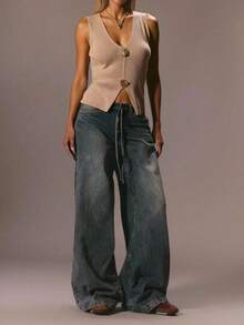 Avantive A Apricot-Colored Knit Top With Metal Buttons Street Wear Teacher For Women Fall Vacation Woman Going Out Tops Women Business Casual Woman Country Concert Old Money Style Women Tube Tops Western Wear Women Sexy Concert For Women Fall Tops Sweater Going Out - Apricot - View 6