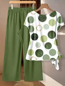 EMERY ROSE 2pcs Plus Size Polka Dot Print Tie-Up Shirt And Pants Set, Casual Autumn,Flower/Spring/Summer/Vacation - Multicolor - View 2