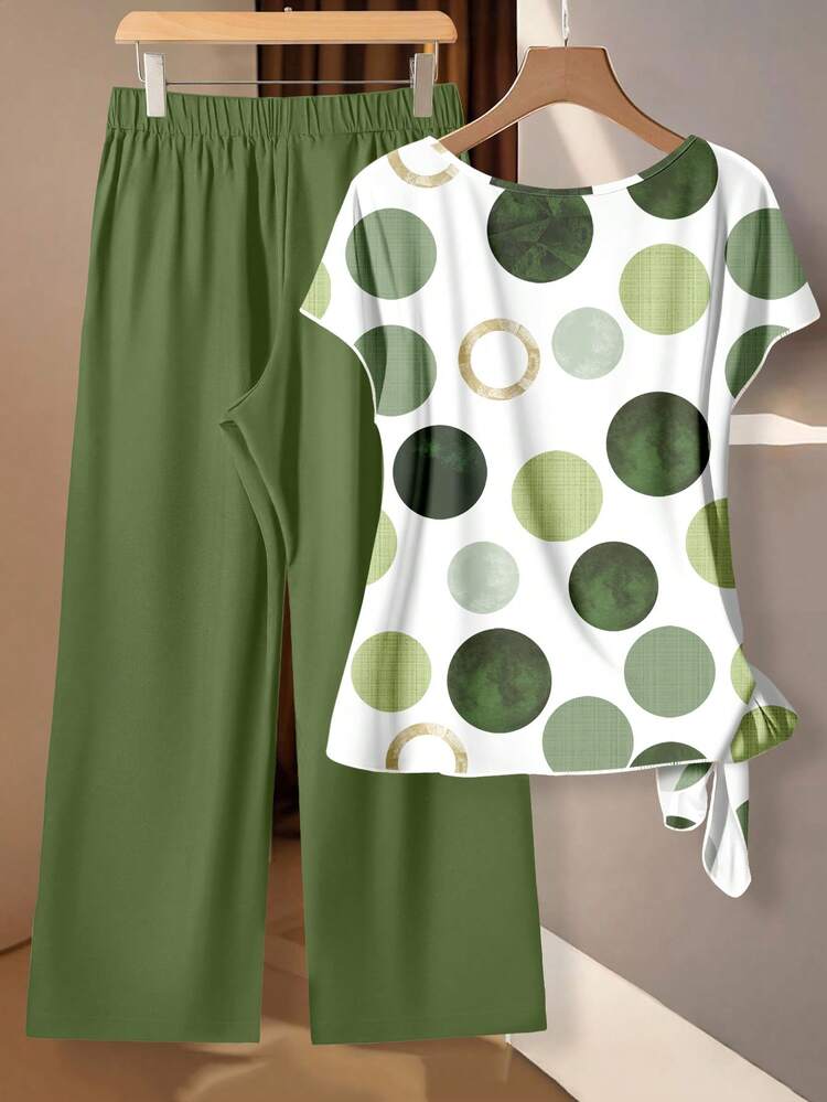 EMERY ROSE Set de camisa y pantalones de talla grande con estampado de lunares y lazo, informal de otoño - Multicolor - Añade 2