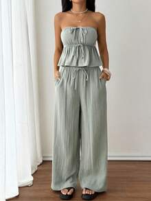 SHEIN PETITE Petite Green Woven 女士休闲套装，抹胸上衣+裤子，适合假日休闲 - 綠色 - 查看 5