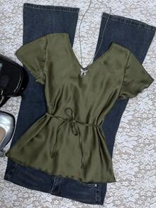 INAWLY Women's Casual Solid Color Tie Front Blouse, Summer