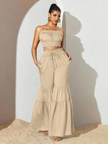 Sirith Conjunto de 2 piezas de camiseta de tirantes con volantes y pantalones anchos de patchwork de unicolor para mujer, conjunto de verano, traje casual de mujer, ropa de vacaciones de verano