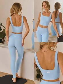 GLOWMODE FeatherFit™ Ribbed Flex Soft Square Neck Sports Bra Low Impact Yoga Pilates Studio Daily Casual Wear Removable Cups Fall Winter - Baby Blue - View 8