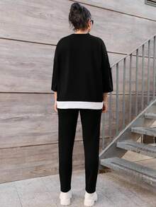 EURMUSE Ensemble Top et pantalon à col rond color block en coton grande taille pour femmes - Noir - Voir 2