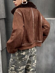 SHEIN ICON Vintage Motorcycle Style Faux Fur Collar Patchwork Short Jacket Brown Jacket Women Suede Jacket In Fall/Winter - Brown - View 2