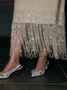 Anewsta 大码女式优雅圣诞派对 PU 皮革串珠流苏修身直筒裙 - 杏色 - 查看 7