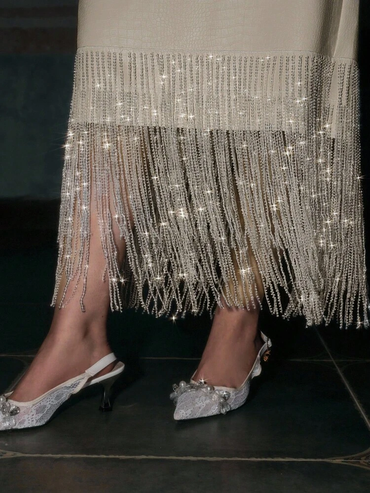 Plus Size Women Elegant Christmas Party PU Leather Beaded Tassel Slim Fit Straight Skirt