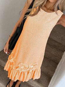 Easowa Vestido curto feminino xadrez com decote redondo e sem mangas com decoração floral