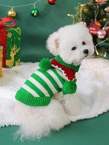 PETSIN 1pc Pet Green And White Striped Christmas Sweater, Cute Cats And Dogs Wearing Warm Autumn And Winter Clothes - Green and white stripes - View 2