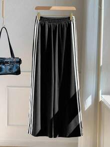 Comfortcana Quần nỉ ống rộng lưng thun kẻ sọc hai bên dành cho nữ, dáng rộng, thời trang thu đông - màu đen - Xem 3