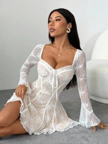 SHEIN PETITE Váy ren xếp ly kiểu bustier cho nữ, trang phục mùa hè cho nữ/trang phục mùa xuân/trang phục ngày lễ tình nhân/trang phục lễ hội/trang phục đi nghỉ biển, trang phục Nashville, váy tốt nghiệp màu trắng, váy ren trắng - trắng - Xem 7