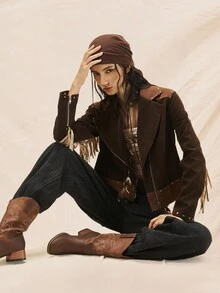 Easelle Áo khoác da lộn tua rua đinh tán cổ điển dành cho nữ - Nhiều màu - Xem 2