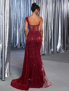 Glamrae 优雅奢华刺绣亮片蕾丝拼布缎面性感大腿高开衩美人鱼裙，带侧褶饰边，适合婚礼、派对、舞会、宴会（重度装饰） - 酒紅色 - 查看 2