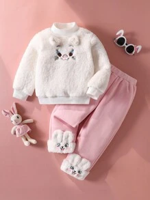 SHEIN 2 件女童秋冬装，可爱表情印花羊毛运动衫 + 裤子套装 - 彩色 - 查看 3