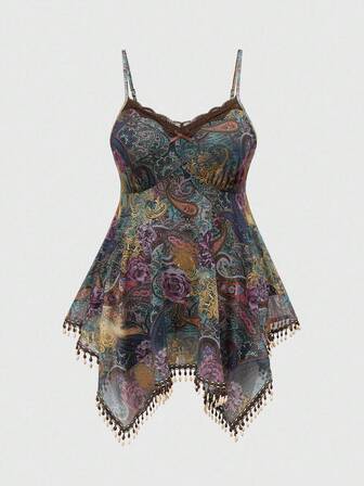 Damen Große Größen Retro Hippie Western Musik Festival Perlen Fransen Saum Paisley Muster Trägertop