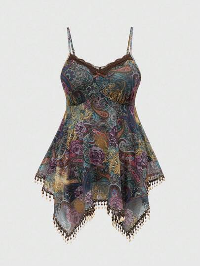 Canotta con stampa paisley, frange e perline, stile retrò hippie, per festival musicali western, taglie comode per donne