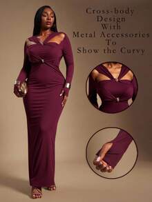 Radiana 大码女式优雅修身长袖束腰连衣裙，适合派对和聚会 - 紅色 - 查看 2