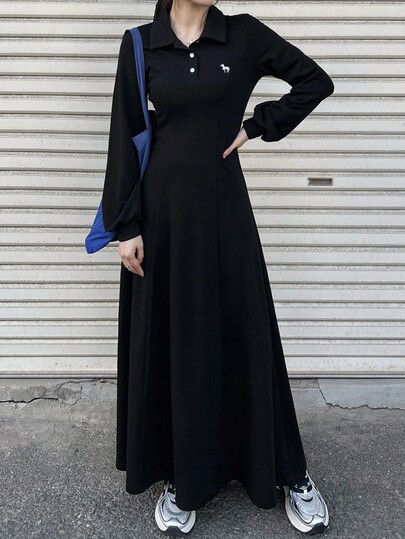 FRIFUL Women's Black Solid Collar Long Sleeve Cinched Waist Embroidered Dress, Slimming Long Dress For Outdoor Wear, Autumn