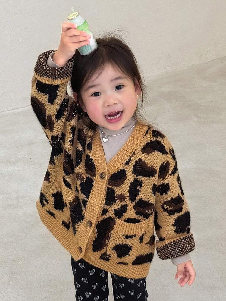 Baby Girl Allover Leopard Print Casual Cardigan, Spring/Autumn