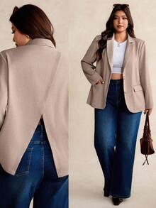 Elaquor Plus Size Casual Everyday Commute Solid Color Notched Collar Double Pocket Blazer In Fall/Winter - Apricot - View 1