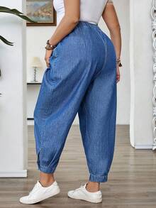 EMERY ROSE 大码女式无弹力牛仔裤，休闲宽松轻质松紧腰前开设计喇叭裤，夏季