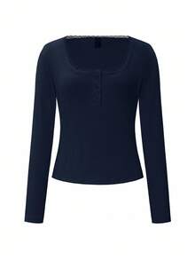 Rafferiza 女士甜美蕾丝边长袖 T 恤，修身款 3 粒扣休闲白色 T 恤上衣夏季秋季女士服装深蓝色上衣长袖上衣蕾丝边上衣黑色上衣海军蓝上衣女式上衣 - 寶藍色 - 查看 6