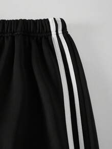 Sparklyn 2 件青少年女孩宽松休闲可爱设计撞色蝴蝶结袖上衣搭配宽松阔腿撞色条纹裤，适合日常、通勤、休闲、街头风格、姐妹聚会、秋冬 - 黑色 - 查看 7