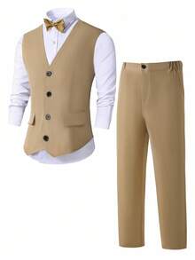 SHEIN 2 piezas Conjunto de caballero para adolescente, chaleco + pantalón largo, traje elegante para fiesta de cumpleaños, baile de graduación, boda - Caqui - Ver 7