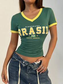 Flirla 女士休闲运动V领巴西撞色短袖T恤图案T恤女式上衣