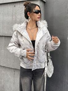 SHEIN ICON Áo khoác lông cừu chắp vá bằng vải satin phong cách cổ điển dành cho nữ, Thu/Đông - Màu Xám nhạt - Xem 3