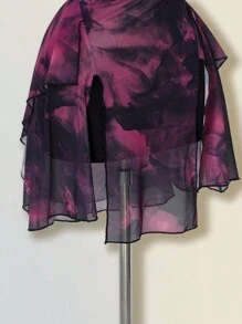 SHEIN ICON 网眼紫色扎染印花透视不对称下摆挂脖系带腰迷你连衣裙 - 紫色 - 查看 6