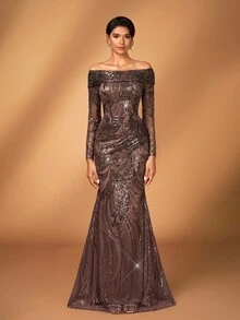 Serin 优雅奢华珍珠亮片花卉露肩透视长袖美人鱼连衣裙，适合婚礼、派对、度假、庆典、新娘送礼会、新娘母亲礼服 - 咖啡棕 - 查看 7