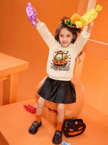 GARFIELD | SHEIN Young Girls' Khaki Sweatshirt With Cartoon Cat And Pumpkin Candy Patterns, Suitable For Autumn, Winter And Halloween - Khaki - View 9