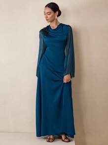 Graceveil Autumn Satin Shiny Patchwork Ruffle Collar Blue 3D Floral Decor Extra Long Dress Autumn Long Sleeve Maxi Dress Fall Cloth For Women - Blue - View 7