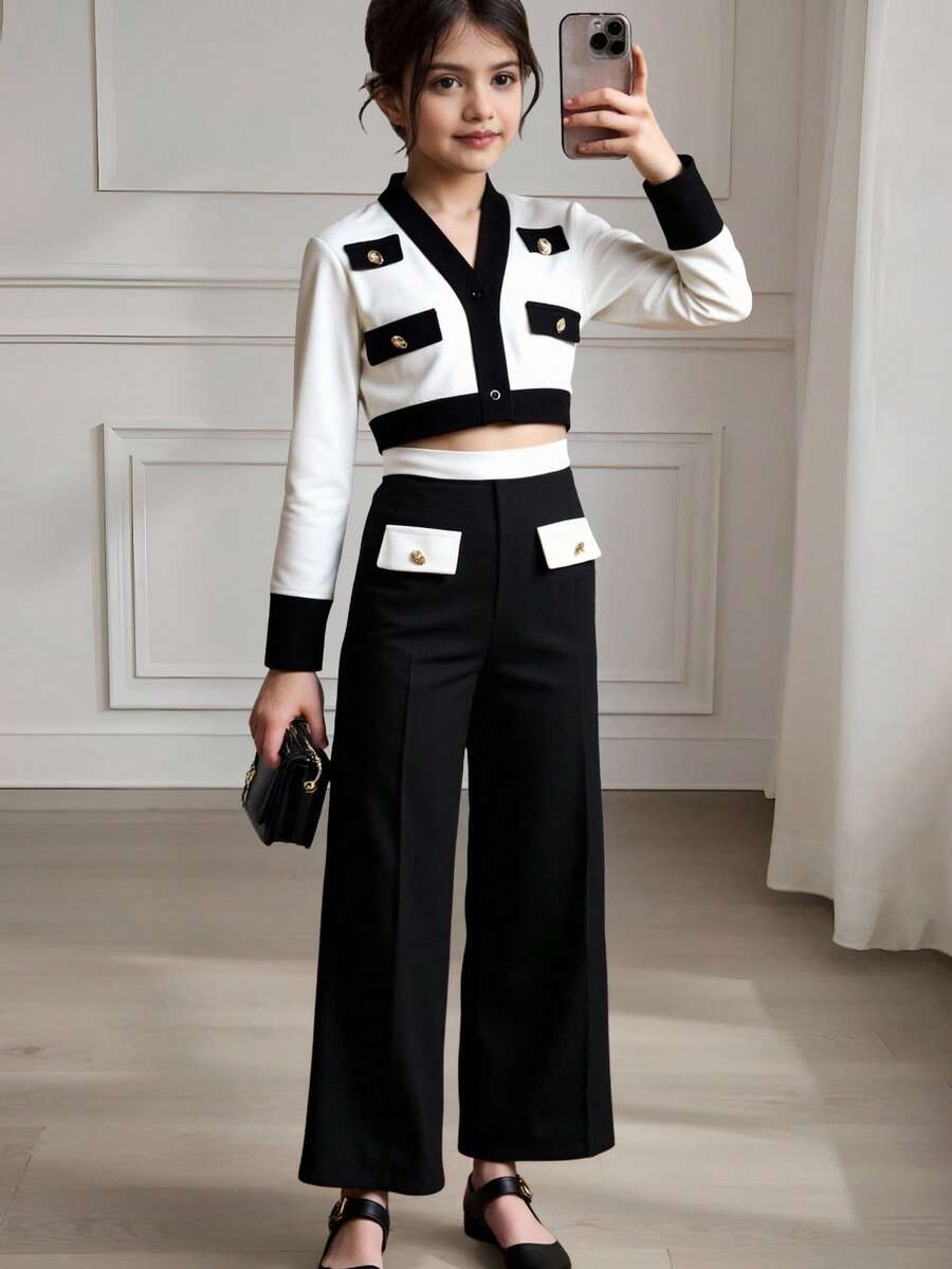Conjunto de 2 piezas con chaqueta top de color contrastante y pantalón casual largo para niña preadolescente - Blanco y Negro - Ver 1