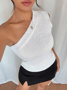 Rafferiza Maglietta aderente asimmetrica senza maniche, di colore unito, dal collo asimmetrico, in maglia, adatta per l'autunno, elegante, alla moda, casual, per l'ufficio, per il tempo libero, versatile, di temperamento urbano, adatta per insegnanti e professionisti - Bianco - Visualizzare 3