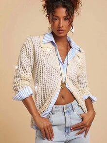 Travachic Cardigan femme à manches longues avec décoration florale 3D, style croisé avec effet ajouré. Cardigan , style western, en crochet et tricot ajouré, pour l'automne et l'hiver. Cardigans d'été. Cardigan western, style casual pour femme, automne, chic, pour sortir, élégant, style campagne pour femme - Beige - Voir 1