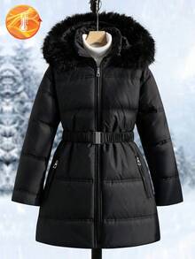 Girls' Casual Hooded Padded Coat With Fur Collar, Elastic Waist Belt, Pockets And Zipper Design, Loose Fit, Comfortable For Autumn/Winter, Suitable For Daily, Commuting, Outdoor, Party And Photo Shooting Fall - Black - View 3