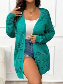 Elenzga Plus Size Casual Solid Color Hollow Out Knit Cardigan Fall Winter Cloth For Women Autumn
