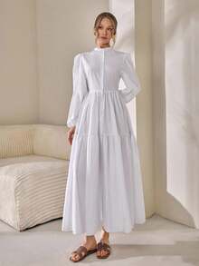 CLARA VERO 女士纯色梭织春夏外出装长裙纽扣衬衫裙灯笼长袖高领褶皱蓬蓬裙 - 白色 - 查看 5