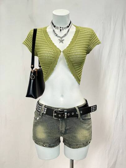 EgrlEra Cárdigan informal de manga corta de color verde vintage para mujer