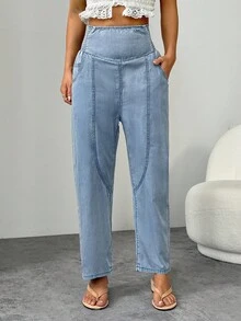 SHEIN PETITE Women's High Waist Pockets Casual Straight Leg Pants Loose Jeans - Light Wash - View 1