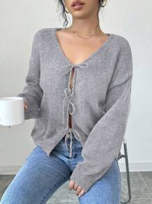 Selianne 女式纯色前系带长袖休闲衬衫，简约设计，适合日常穿着短款开衫黑色开衫女孩蝴蝶结开衫黑色开衫短款开衫 - 灰色 - 查看 6