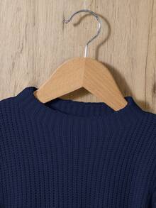 SHEIN Infant Casual Loose Long Sleeve Fluffy Sweater Dress Navy Baby Sweater Baby Girl Sweater Baby Solid Knit Sweater Baby Knitted Sweater Puffed Sleeve Baby Sweater Fall Winter - Navy Blue - View 3